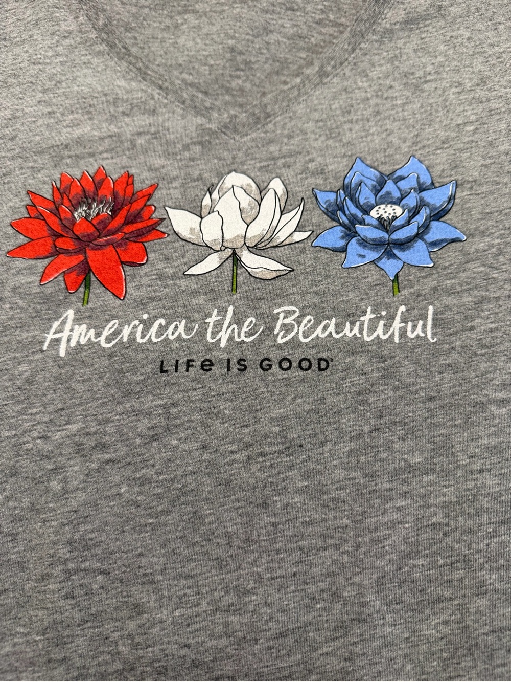 LN Life Is Good Gray Tee Red White and Blue Flora “America The Beautiful” ❤️🤍💙